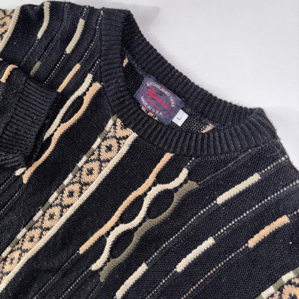 Vintage Milford Coogi Style Sweater Mens L Black Tan Textured Knit USA 90s